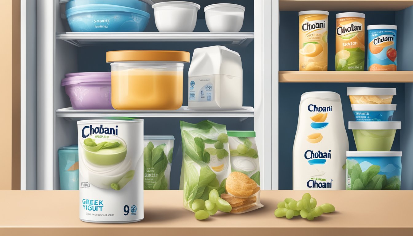 A refrigerator shelf with a sealed container of expired Chobani Greek yogurt, surrounded by other food items