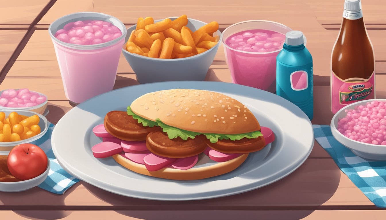 A picnic table with a plate of pink ball park franks, surrounded by condiments and a drink