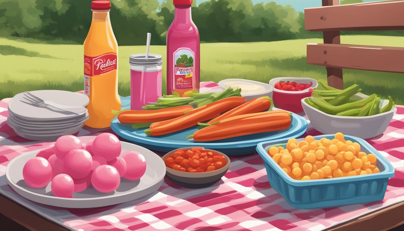 A picnic table with a plate of pink ball park franks next to a pile of fresh vegetables and a bottle of condiments