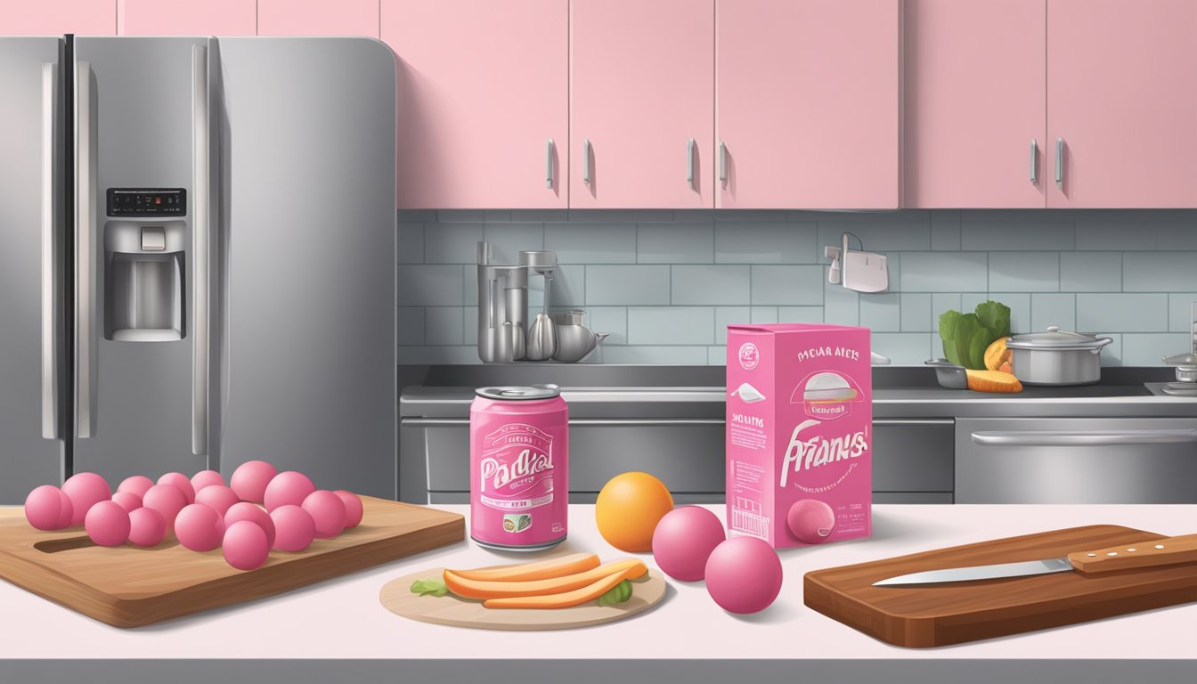 A kitchen counter with a package of pink ball park franks, a cutting board, a knife, and a refrigerator in the background