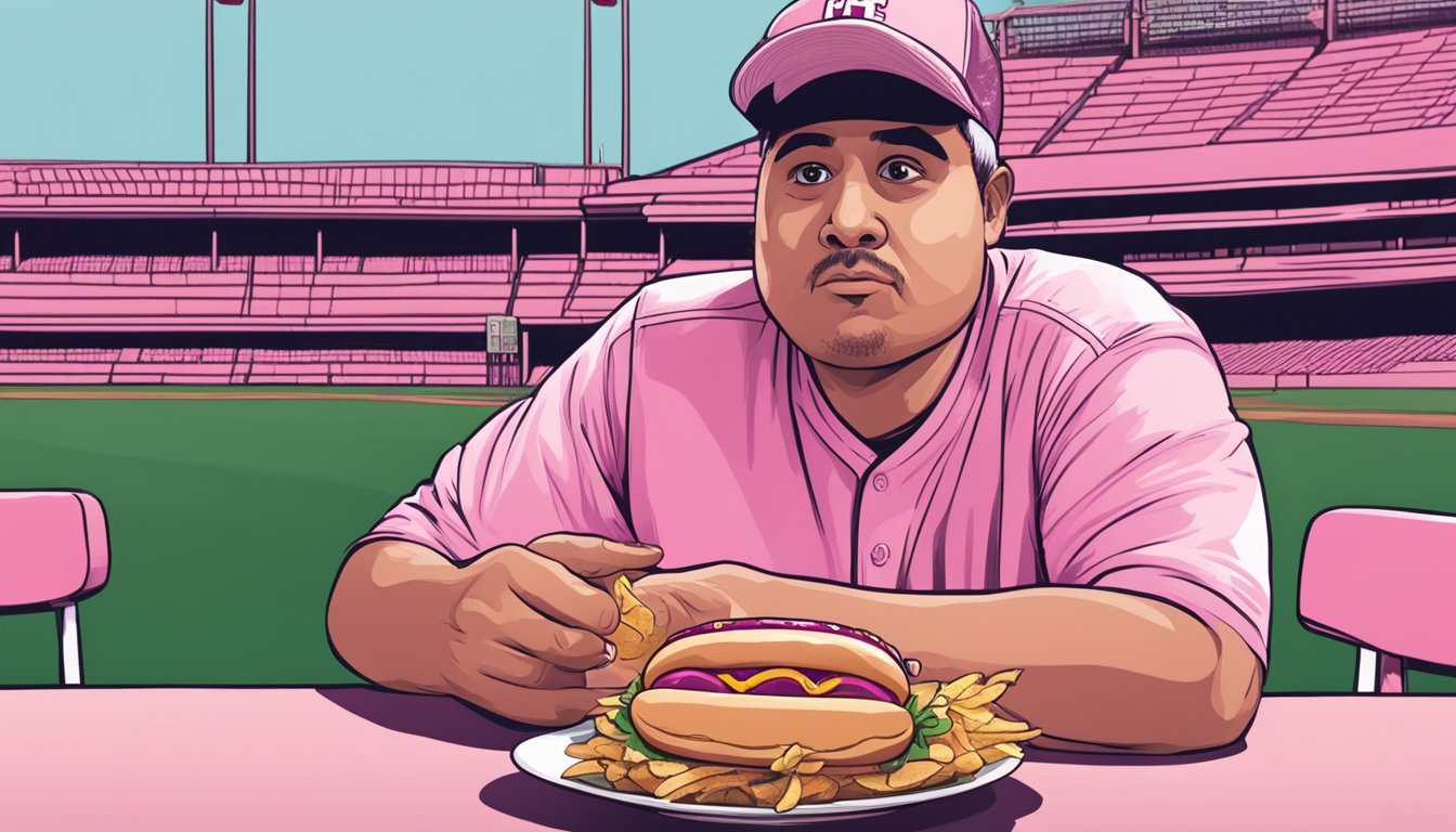 A person holding a pink Ball Park frank in one hand and a concerned expression on their face, while looking at the hot dog questioningly