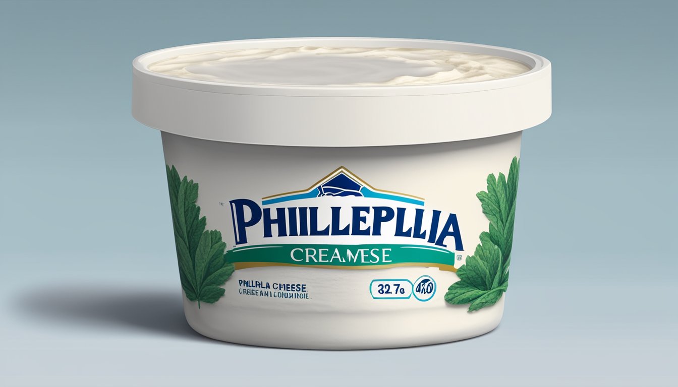 A tub of Philadelphia cream cheese with mold growing on the edges, sitting next to an expired date label