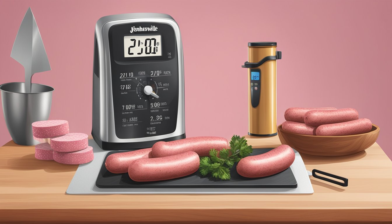 A kitchen counter with a package of pink Johnsonville sausages next to a thermometer and a cutting board