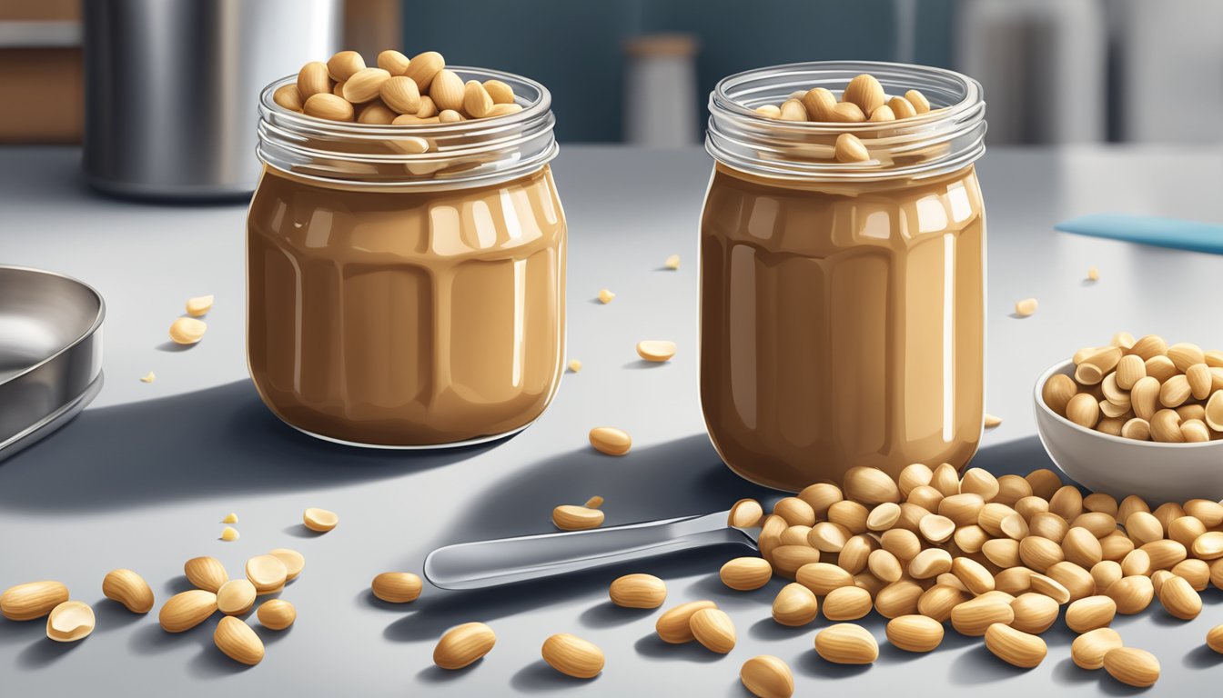 A jar of Jif Peanut Butter sits open on a kitchen counter, surrounded by scattered peanuts and a knife with a smear of peanut butter