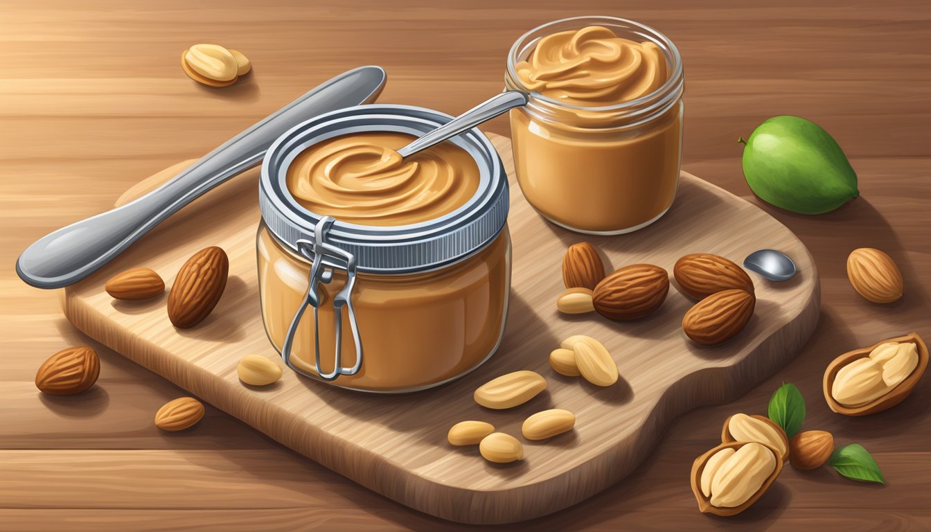 A jar of Jif peanut butter with a spoonful of creamy, raw peanut butter on a wooden cutting board surrounded by a variety of nuts and fruits