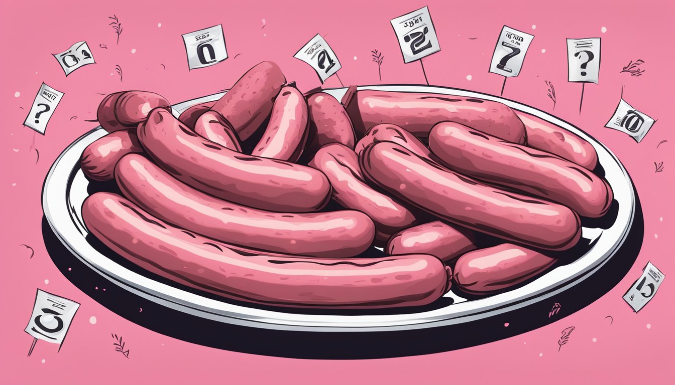 A plate of pink Johnsonville sausages, surrounded by question marks and caution signs