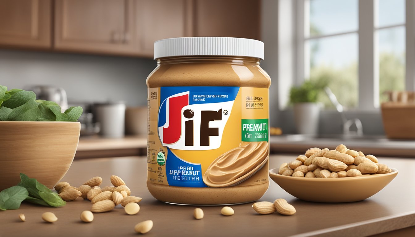 A jar of Jif peanut butter sits open on a clean kitchen counter, surrounded by fresh, unopened ingredients