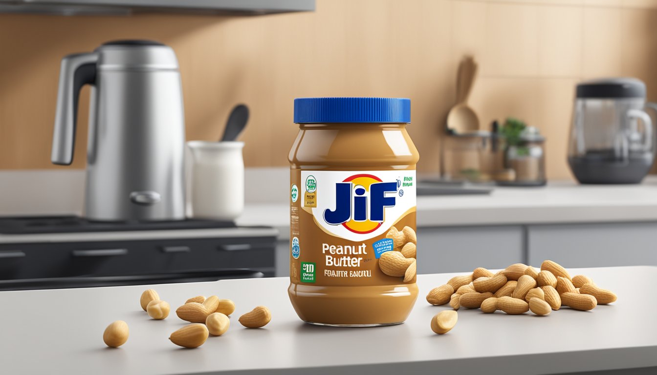 A jar of Jif peanut butter sits on a clean, well-lit kitchen counter, surrounded by fresh peanuts and a safety recall notice