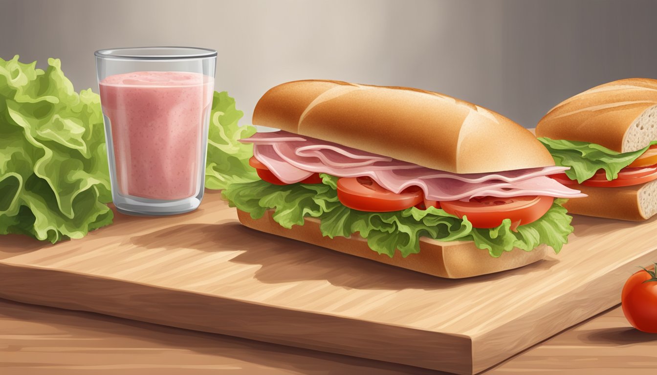 A sandwich with pink Hillshire Farm deli meat, surrounded by fresh lettuce, tomatoes, and bread on a clean cutting board