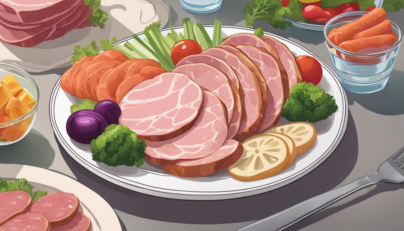 A plate with various deli meats, including pink Hillshire Farm slices, surrounded by fresh vegetables and a glass of water