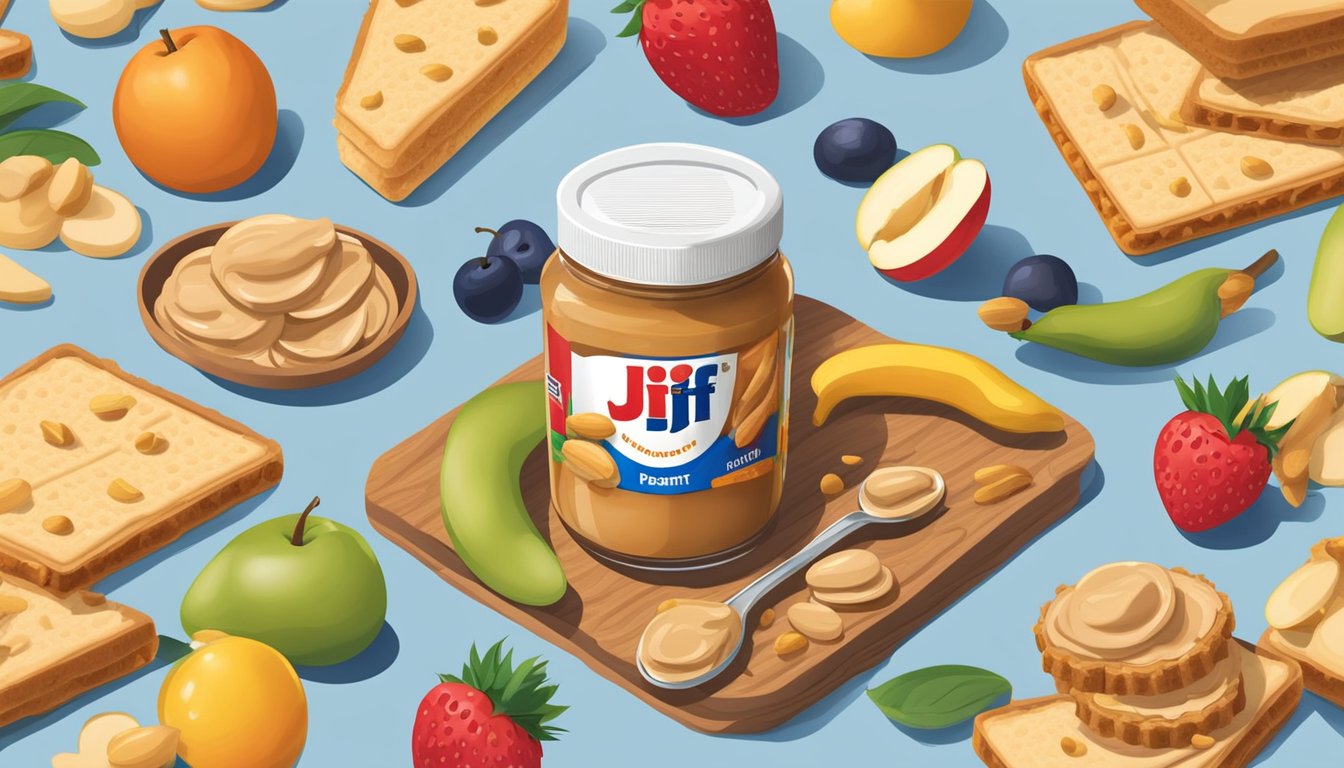 A jar of Jif peanut butter surrounded by various fruits and crackers, with a spoonful of peanut butter being spread onto a slice of bread