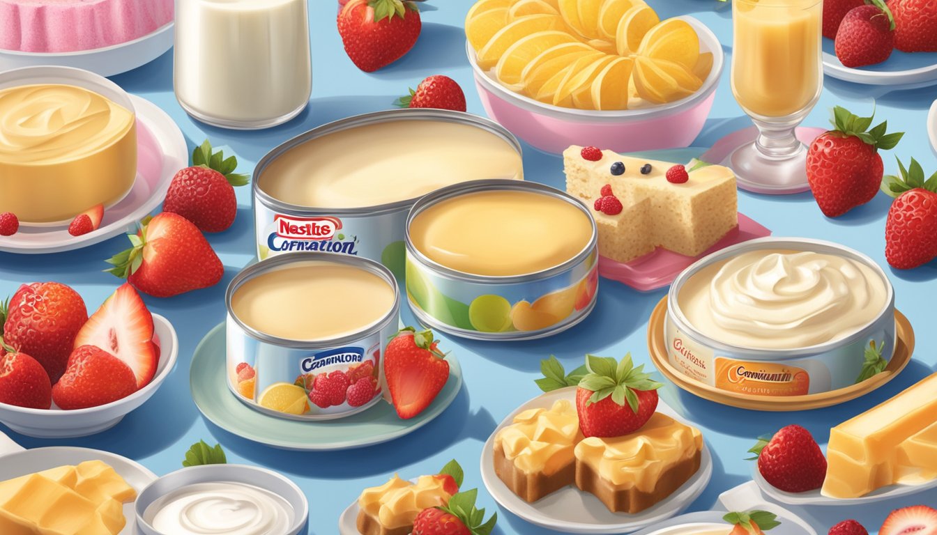 A can of Nestle Carnation condensed milk surrounded by various desserts and fruits