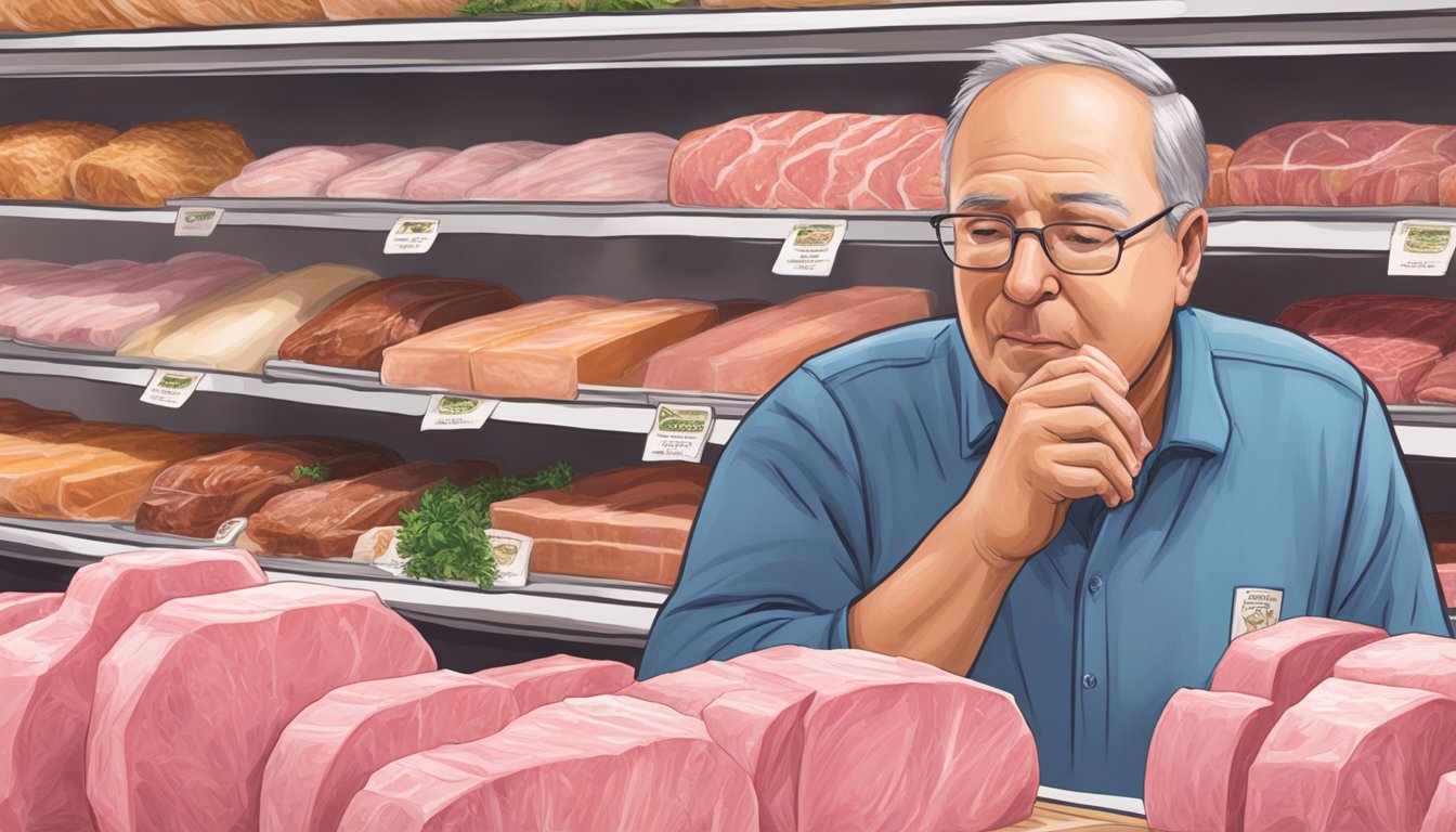 A person sniffing and inspecting a package of pink Hillshire Farm deli meat