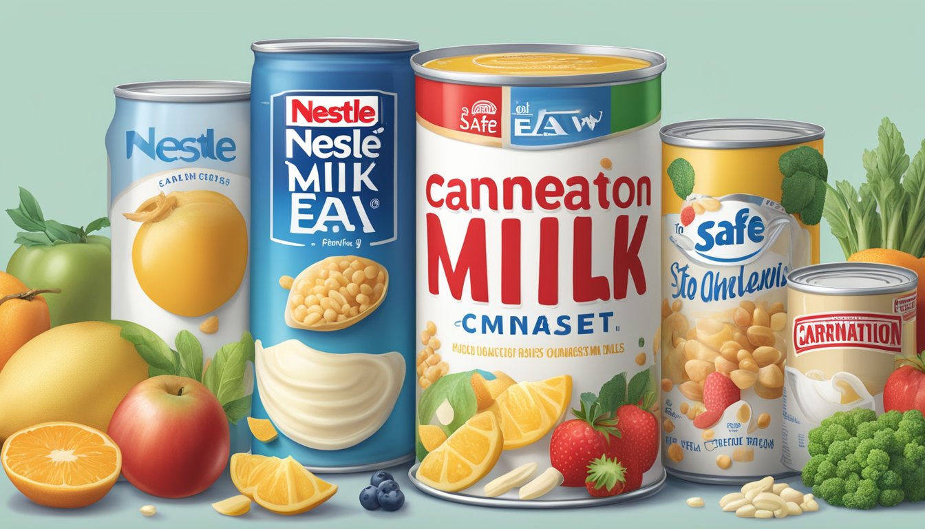 A can of Nestle Carnation condensed milk surrounded by various food items, including fruits, vegetables, and grains, with a "safe to eat raw" label on the can