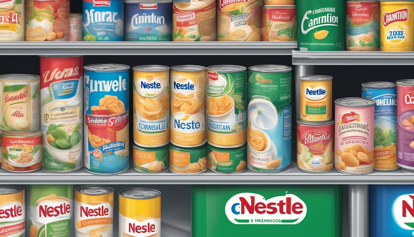 A can of Nestle Carnation condensed milk sits on a shelf, surrounded by other canned goods. The label is facing forward, and the can appears to be unopened