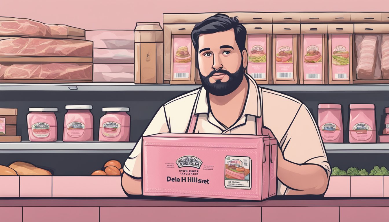 A person holding a package of pink Hillshire Farm deli meat, with a concerned expression on their face