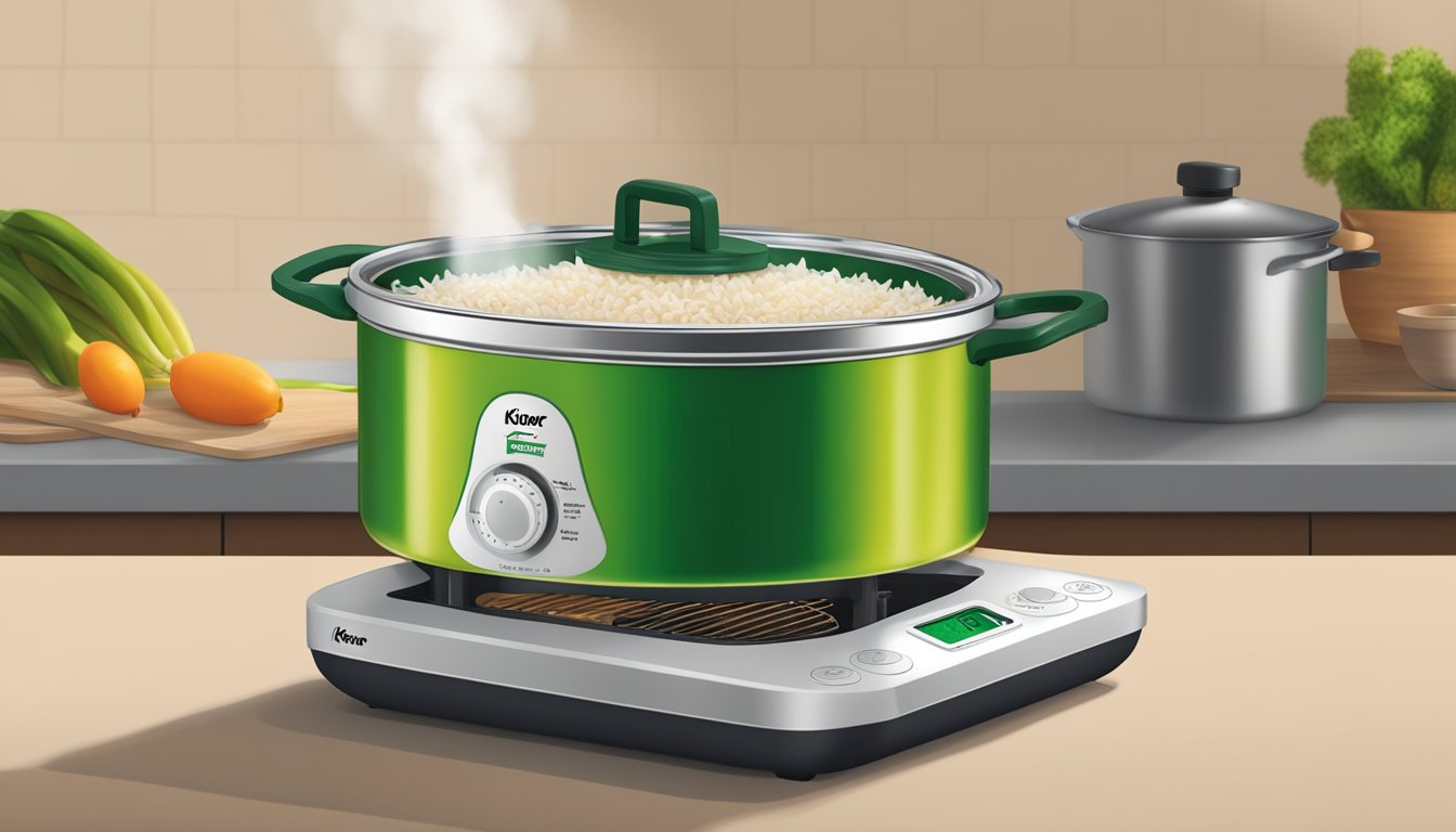 A steaming pot of Knorr rice sides sits on a stovetop, with a digital thermometer inserted to check the internal temperature