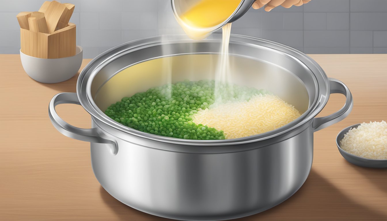 A pot of boiling water with a packet of Knorr rice sides being poured in