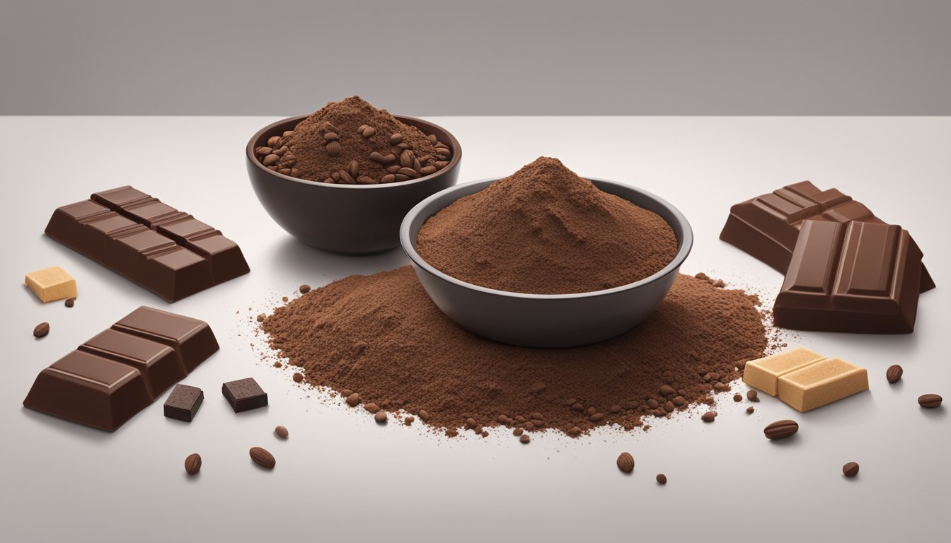 A bowl of raw Hershey's cocoa powder sits on a clean white table, surrounded by scattered cocoa beans and a few chocolate bars