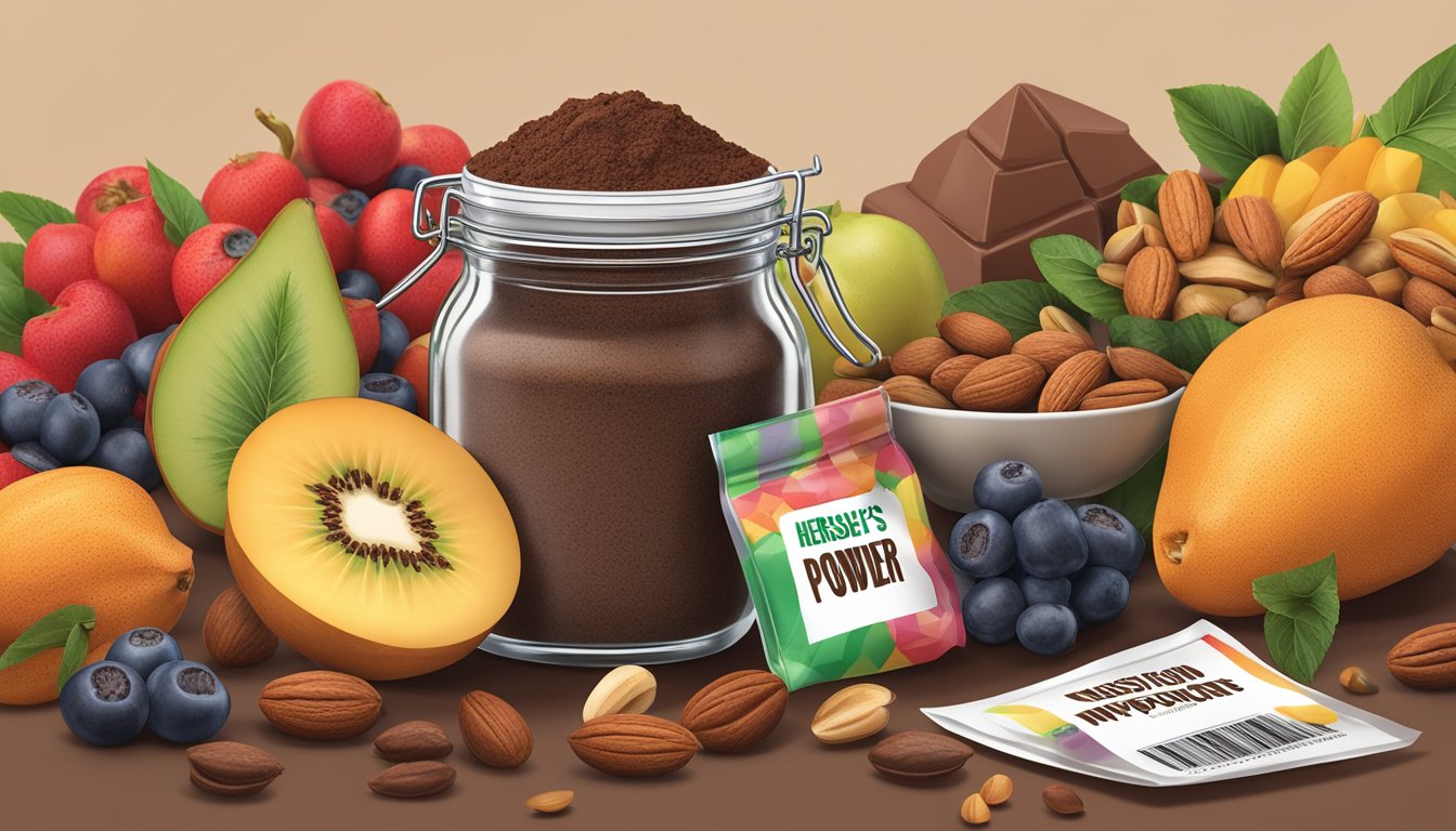 A jar of Hershey's cocoa powder surrounded by various fruits and nuts, with a nutrition label in the background