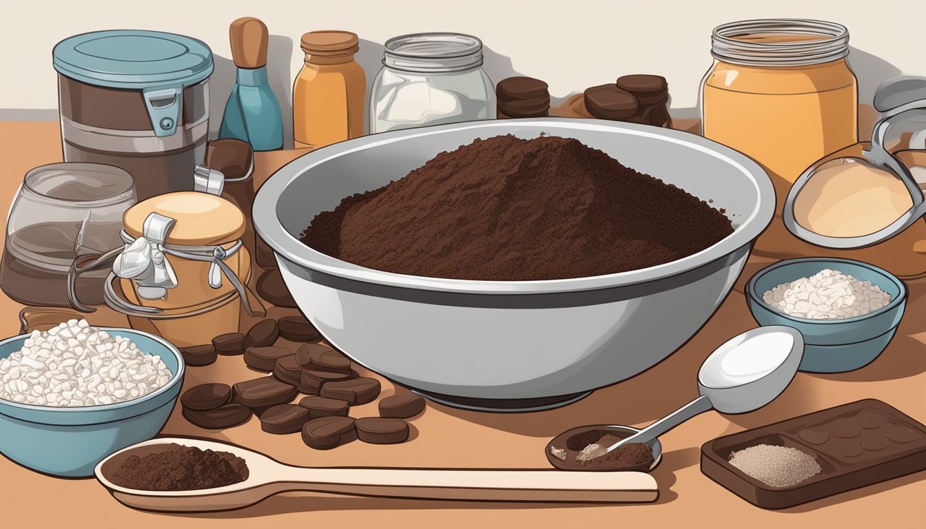 A bowl of raw Hershey's cocoa powder sits on a kitchen counter, surrounded by various cooking utensils and ingredients