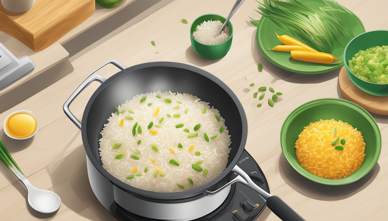 A pot of Knorr rice sides simmering on a stovetop, steam rising, with a fork testing the texture of the rice