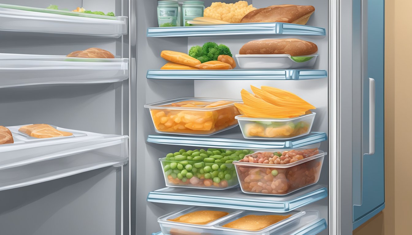 An open freezer with neatly stacked frozen dinners, a thermometer, and a timer