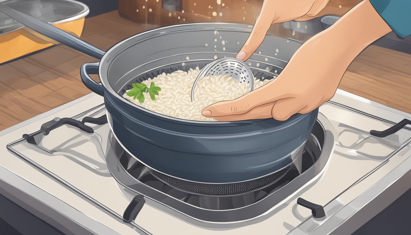 A pot of rice simmers on the stove while a hand holds a strainer under running water