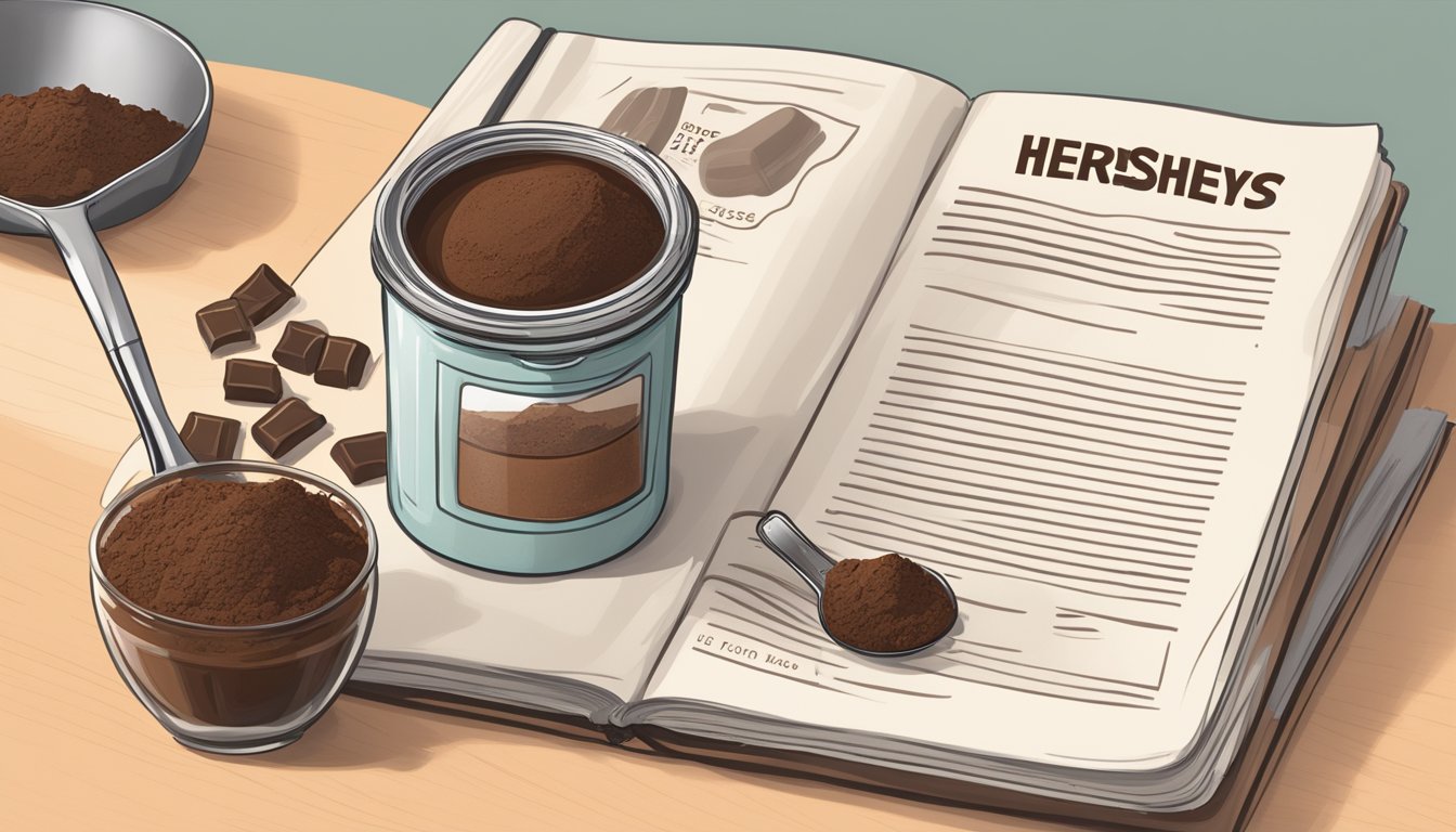 A kitchen counter with a sealed container of Hershey's cocoa powder, alongside a measuring spoon and a recipe book open to a page on raw cocoa usage