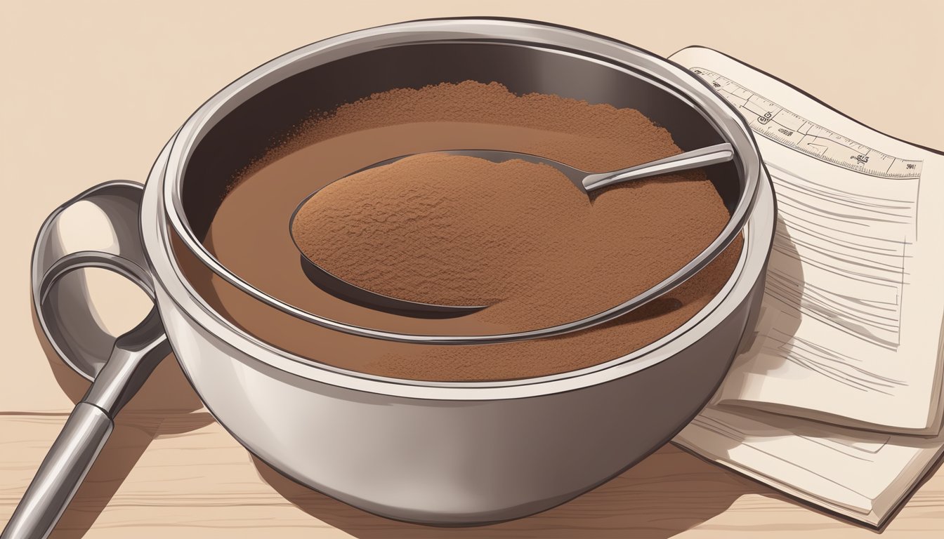 A bowl of cocoa powder with a measuring spoon and a recipe book open to a page on using cocoa powder