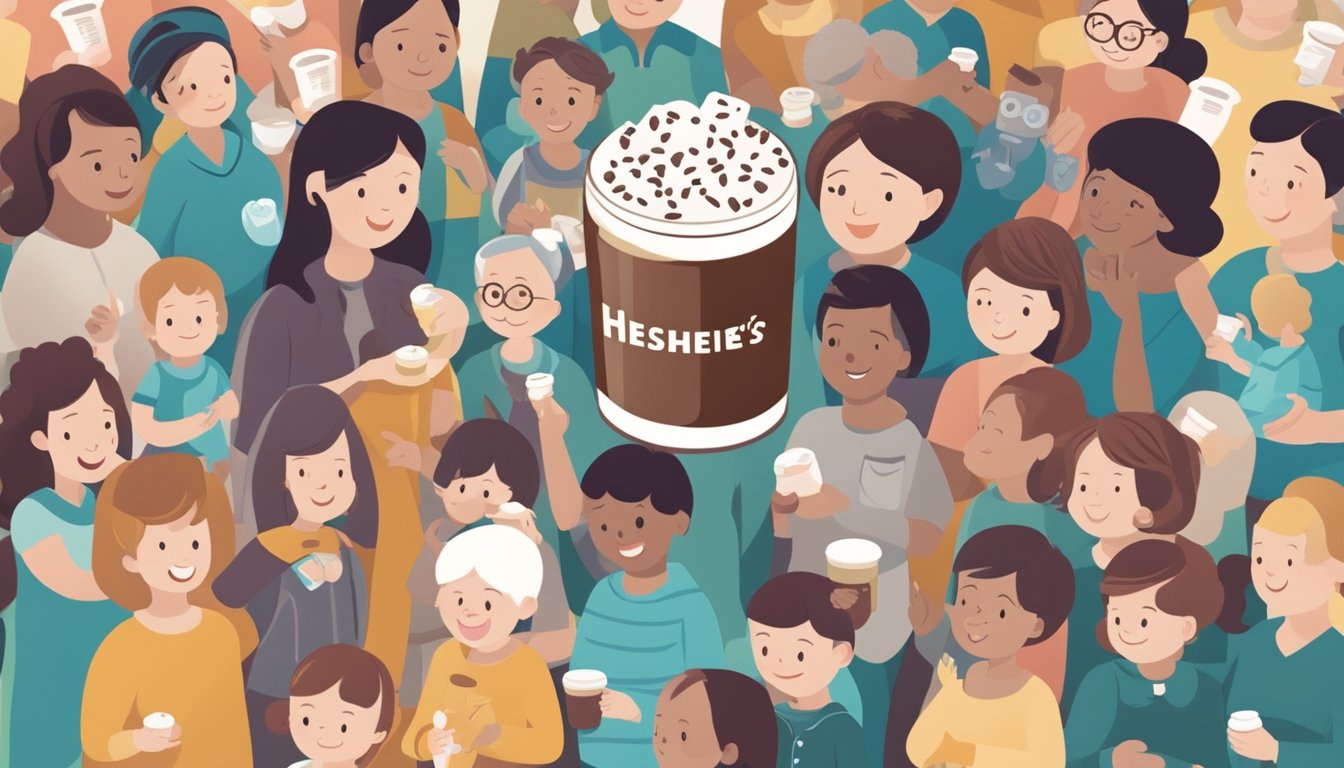 A person holding a Hershey's cocoa powder container, surrounded by various specific populations such as children, pregnant women, and elderly individuals, with a question mark above their heads