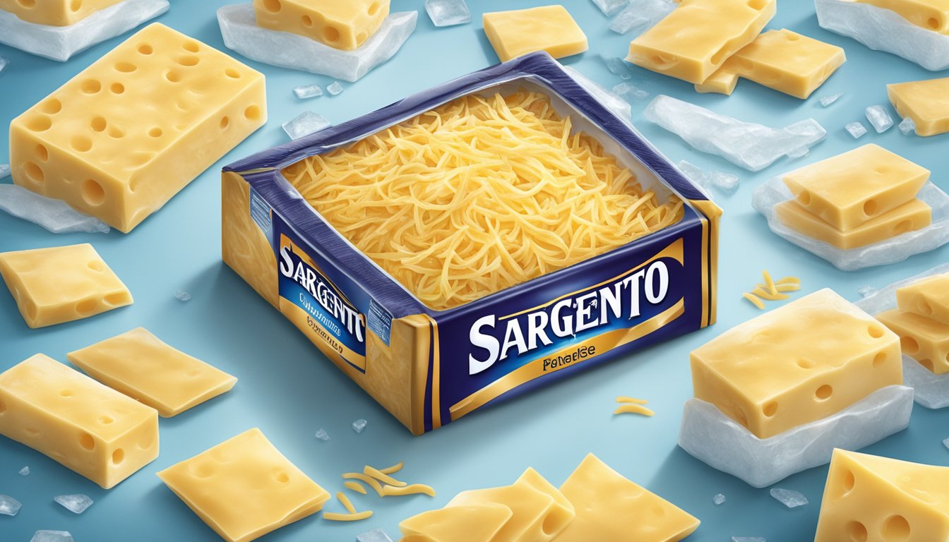 A block of Sargento shredded cheese is sealed in a vacuum-sealed package, surrounded by ice packs to maintain a cold temperature