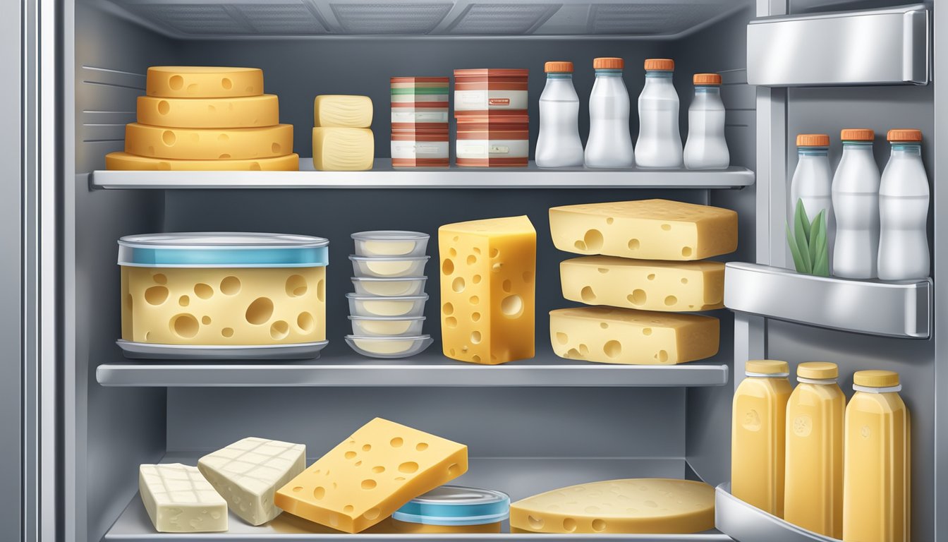 A refrigerator with neatly organized shelves, containing various types of cheese packages, with a temperature gauge displaying the optimal storage conditions for freshness