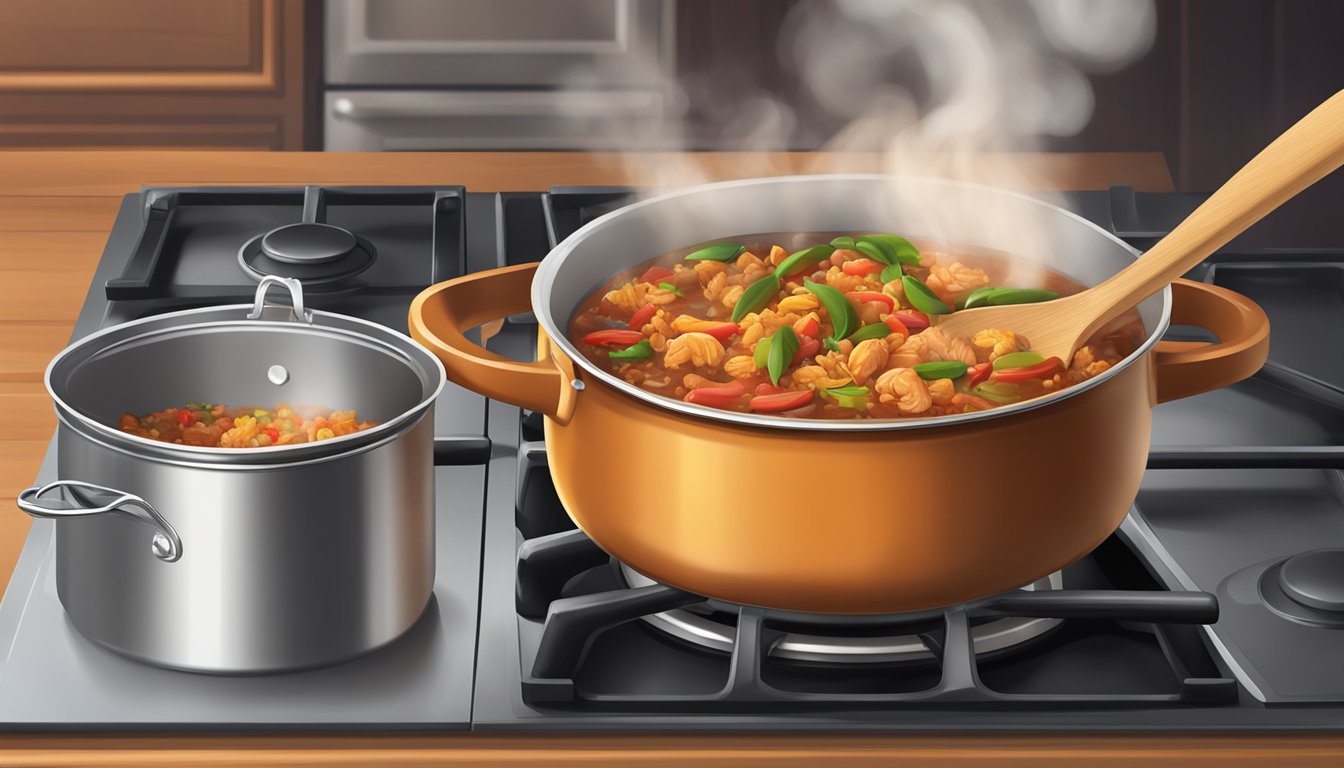 A steaming pot of Jambalaya mix simmers on a stovetop, with a wooden spoon resting on the edge. The rich aroma of spices fills the air