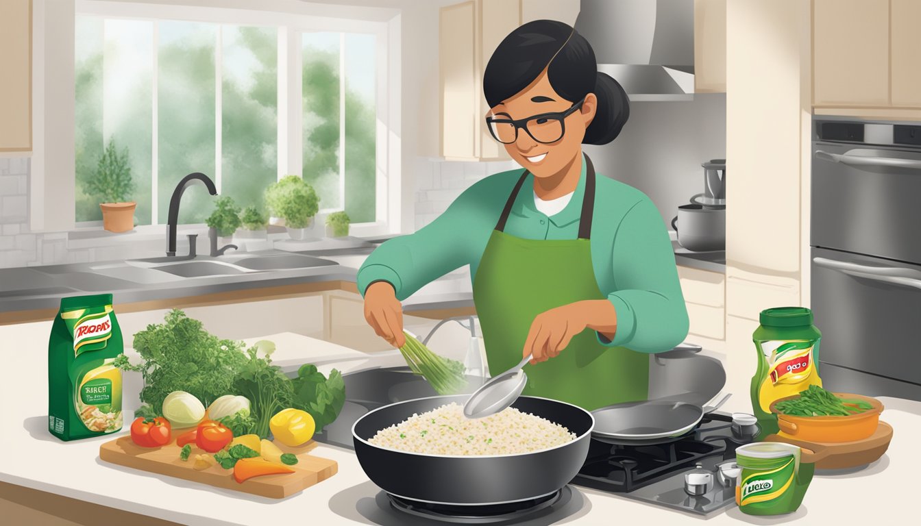 A person stirring a pot of Knorr rice sides over a stovetop