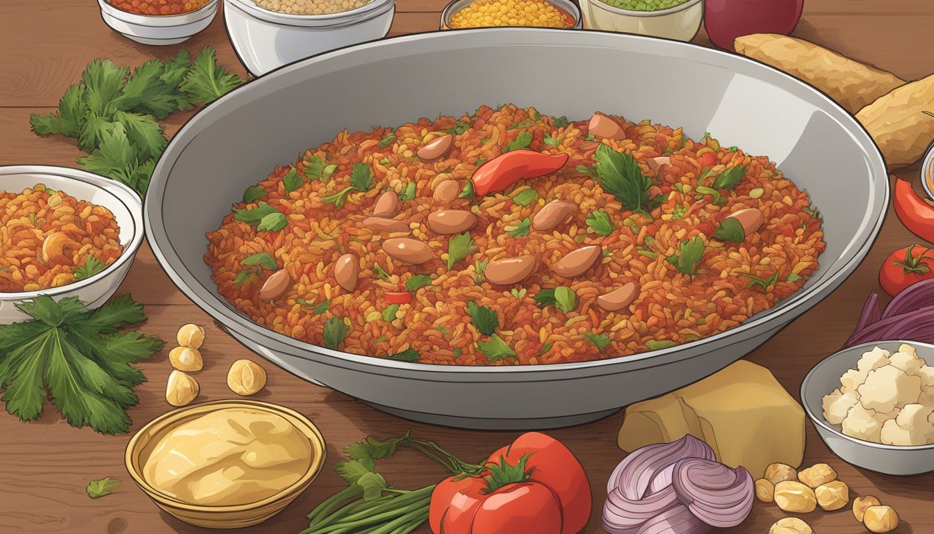 A bowl of uncooked Zatarain's Jambalaya Mix with raw ingredients scattered around it