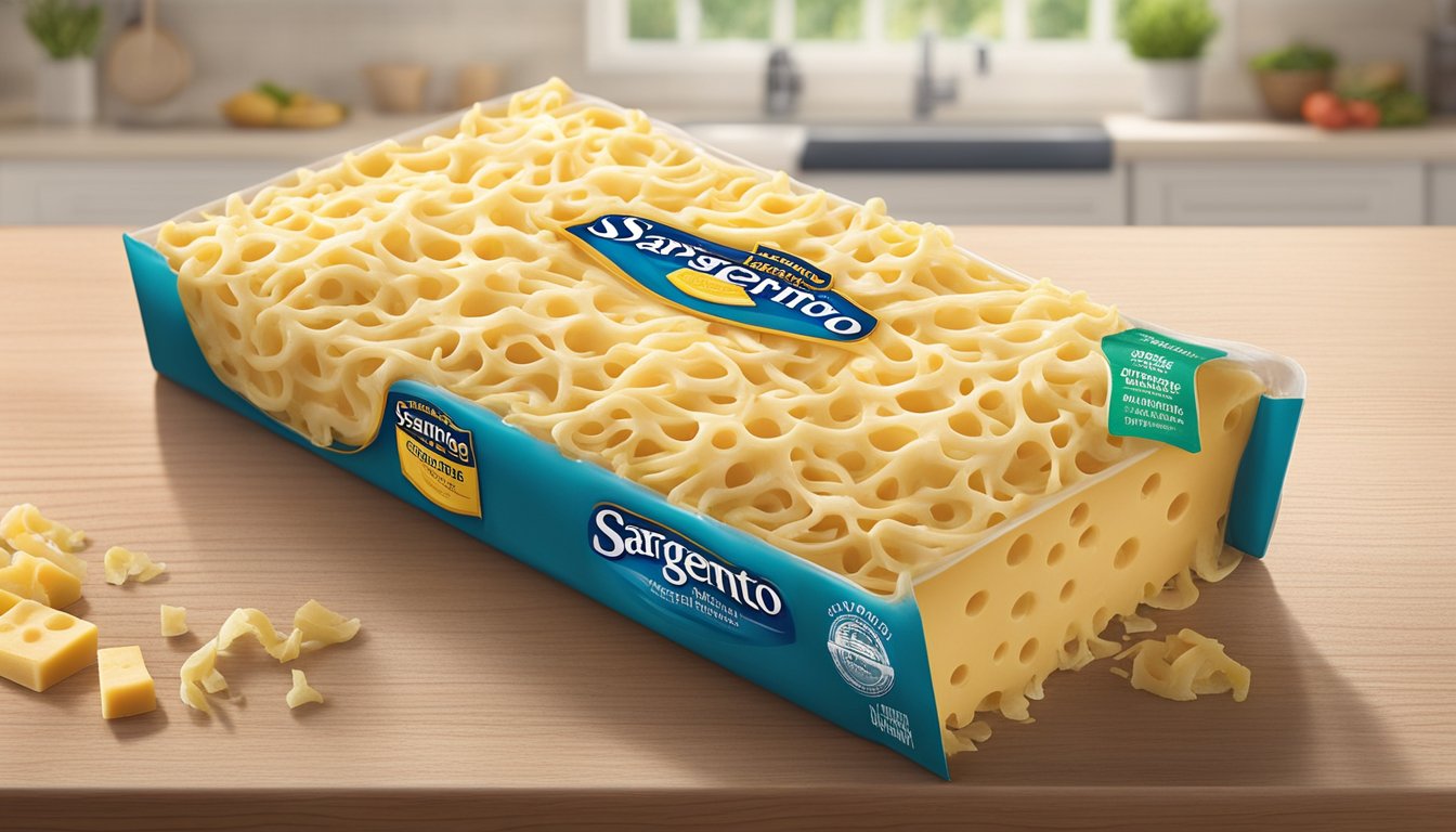 A carton of expired Sargento shredded cheese sits on a kitchen counter, with mold spores visibly growing on the edges of the package