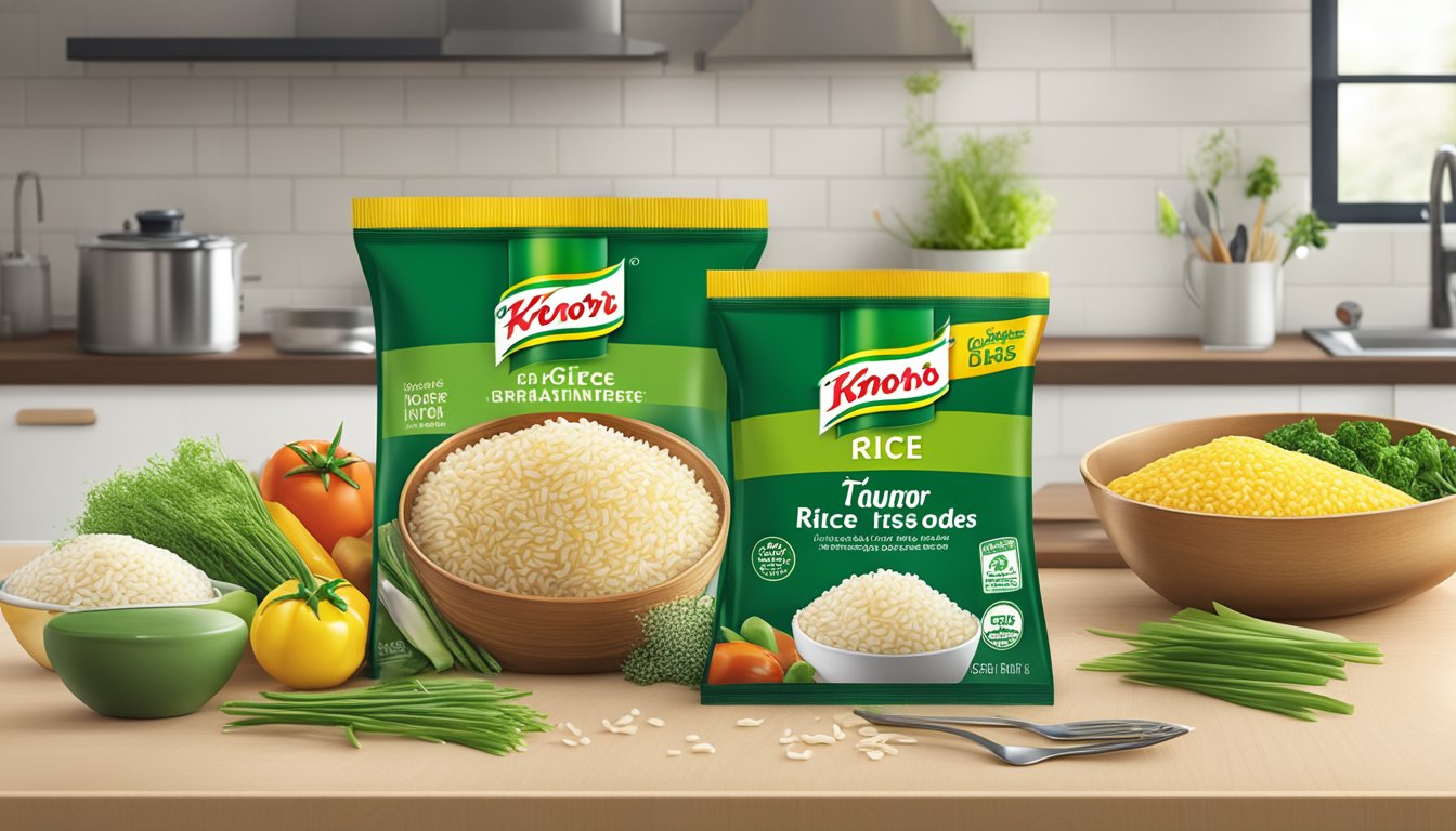 A packet of Knorr rice sides sits on a clean kitchen counter, surrounded by fresh ingredients and a pot of boiling water