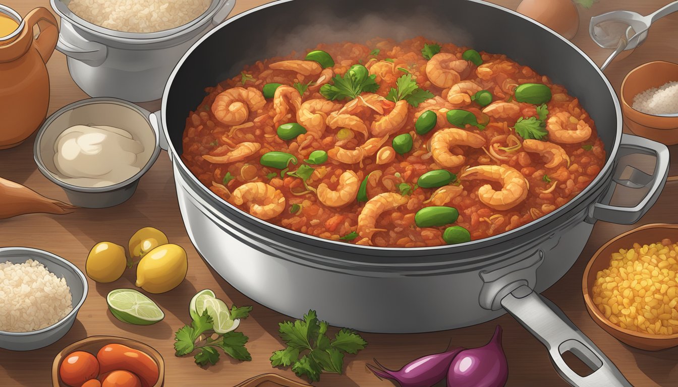 A pot of undercooked Zatarain's jambalaya mix with steam rising. Ingredients scattered around