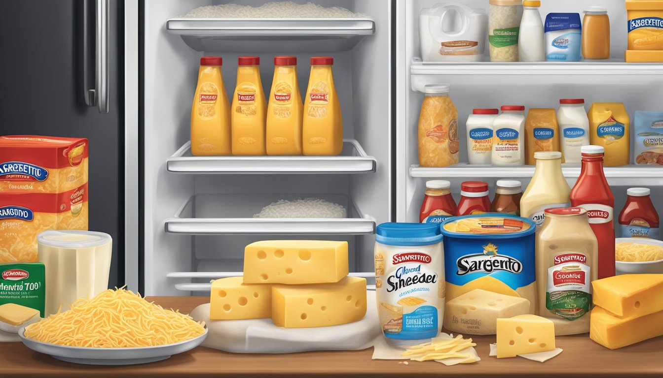 A refrigerator with a bag of Sargento shredded cheese inside, surrounded by other dairy products and condiments. The cheese bag has a visible expiration date