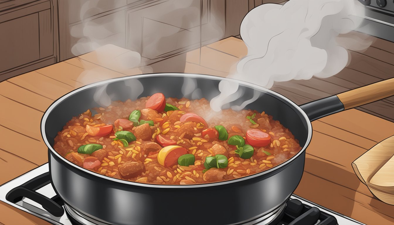 A pot of undercooked Zatarain's jambalaya mix sits on a stovetop, with steam rising and a wooden spoon resting on the side