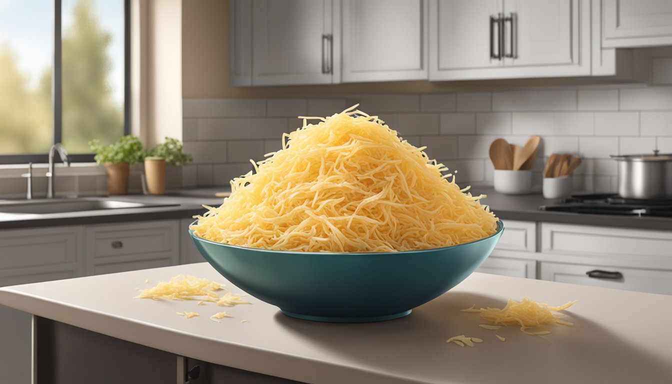 A bowl of expired Sargento shredded cheese sits on a kitchen counter, with visible signs of mold and discoloration