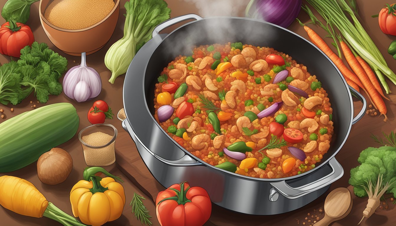 A steaming pot of Jambalaya Mix bubbling on a stovetop, surrounded by colorful vegetables and spices