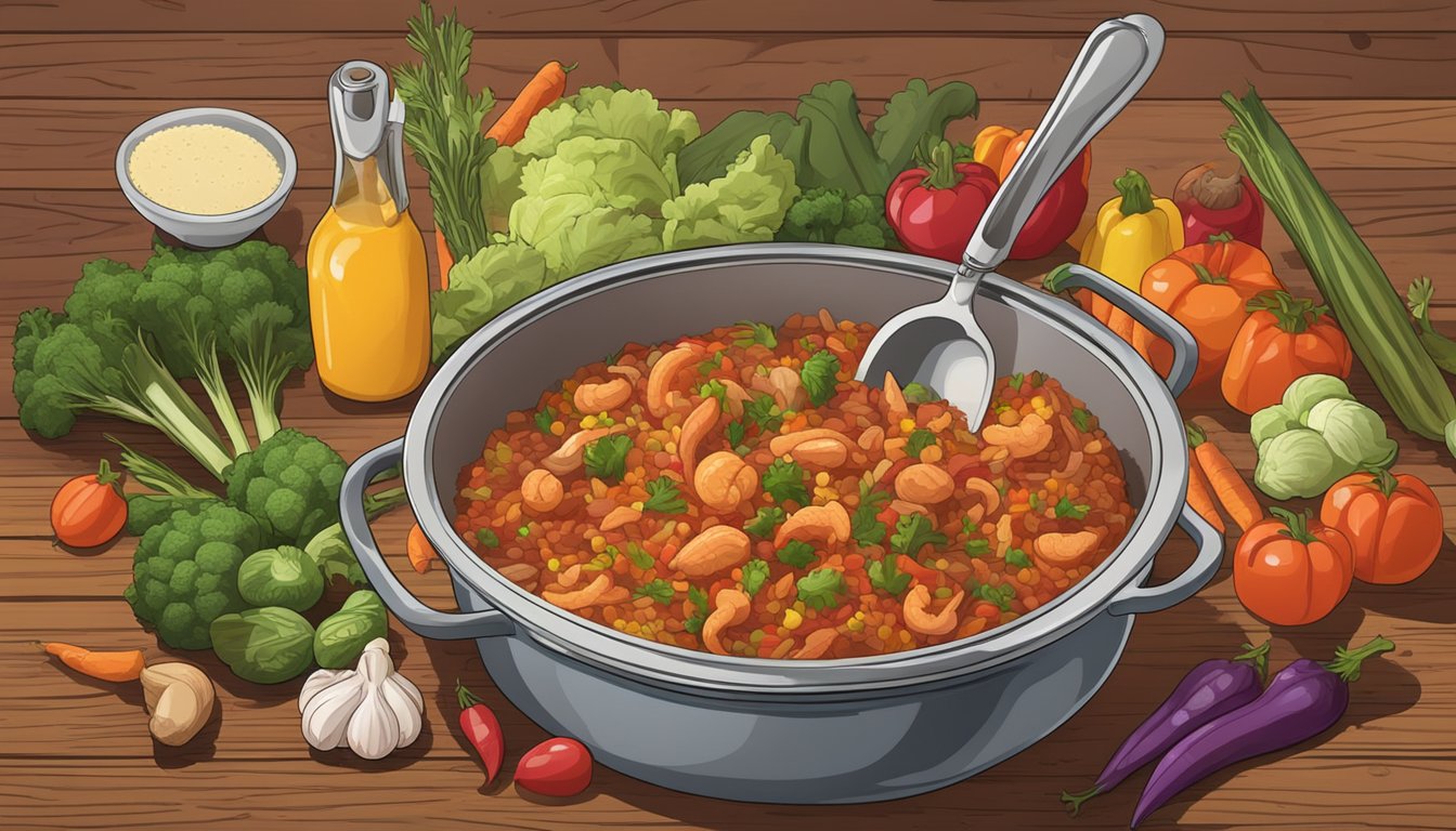 A steaming pot of jambalaya sits on a rustic wooden table, surrounded by colorful vegetables and spices. A spoon is poised to scoop a serving onto a plate