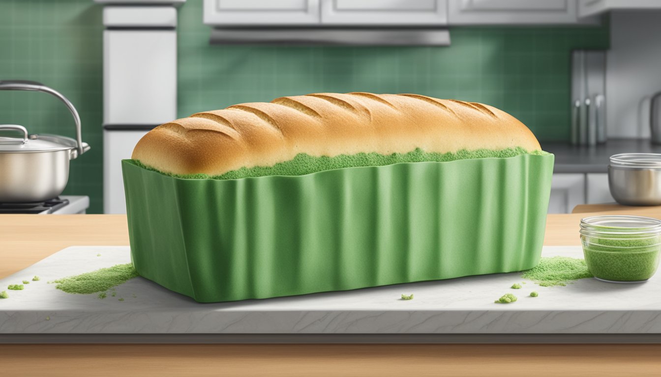 A loaf of Sara Lee bread covered in green and white mold, sitting on a kitchen counter