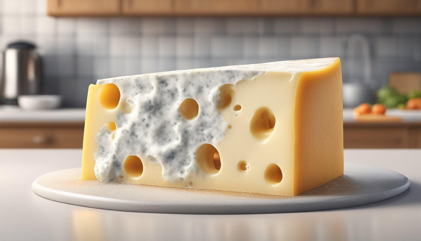 A half-opened expired Laughing Cow cheese wedge surrounded by mold on a kitchen counter