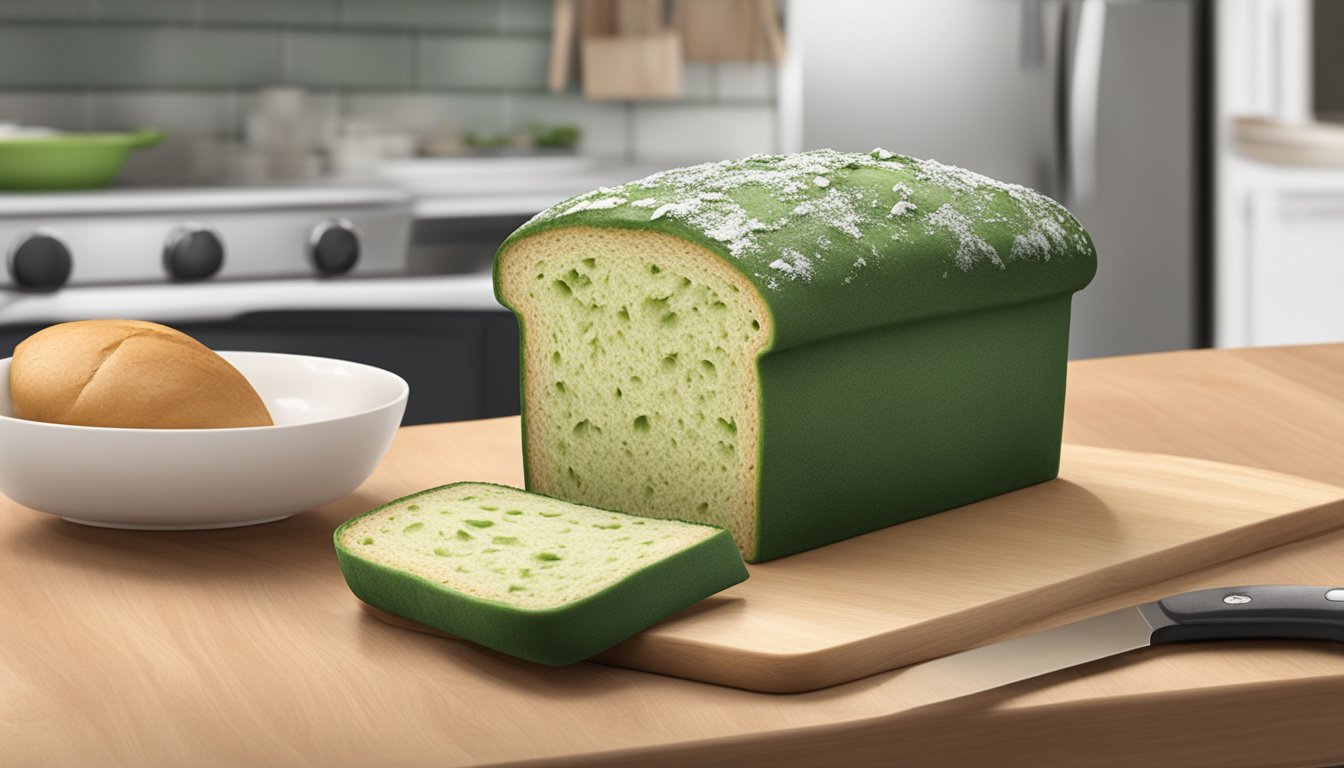 A loaf of Sara Lee bread covered in green and white mold, sitting on a kitchen counter next to a knife and cutting board