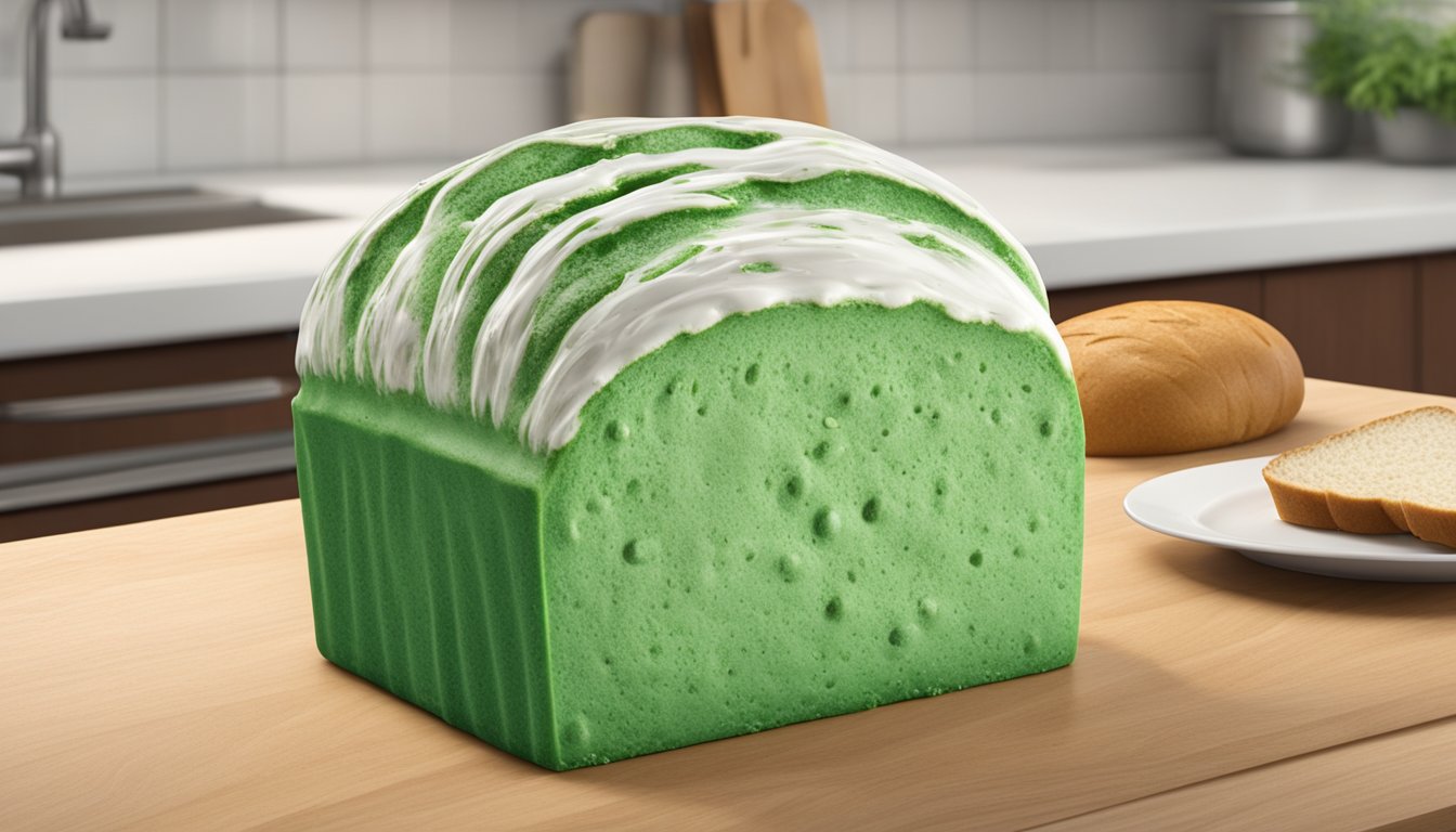 A loaf of Sara Lee bread covered in green and white mold, sitting on a kitchen counter