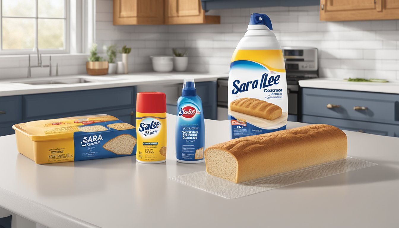 A loaf of Sara Lee bread covered in mold, sitting on a kitchen counter next to a container of mold prevention spray