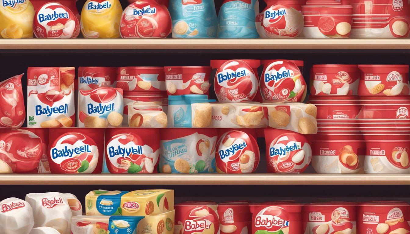 A small, round Babybel cheese sits on a shelf, surrounded by other dairy products. The packaging is torn and faded, suggesting it may be past its expiration date